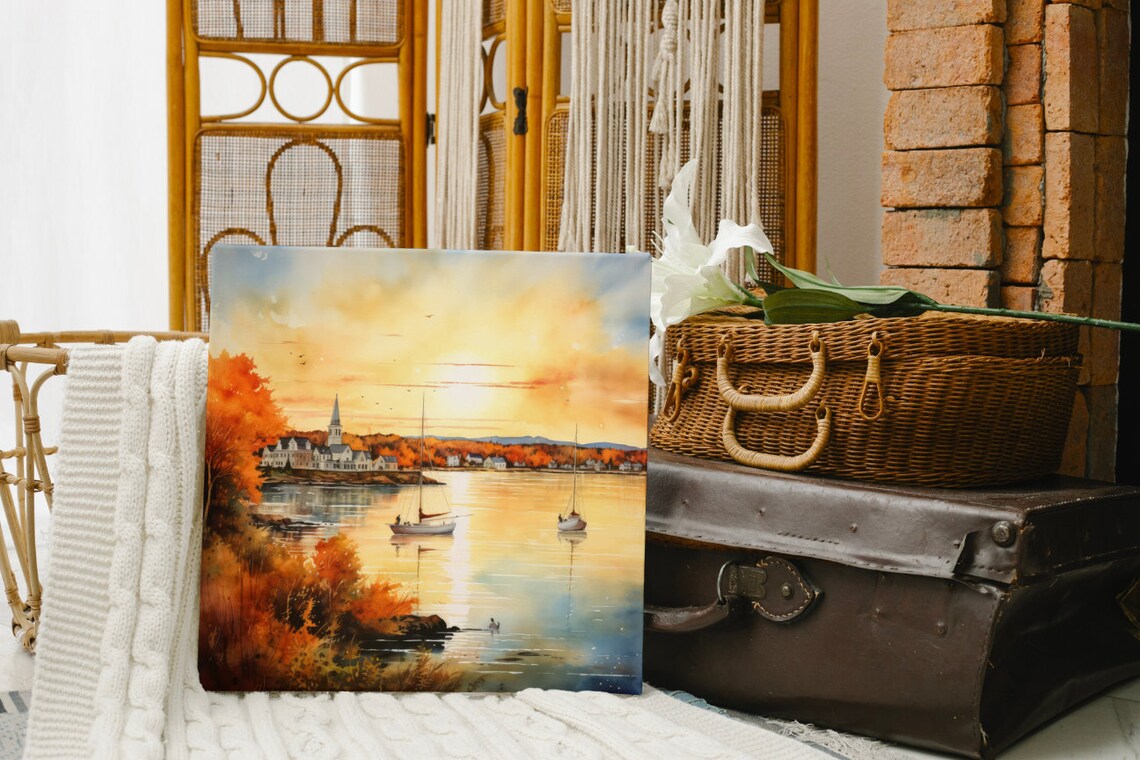 Golden Harbor Sunset Sailboats Autumn Watercolor Coastal Art Poster - Image 4