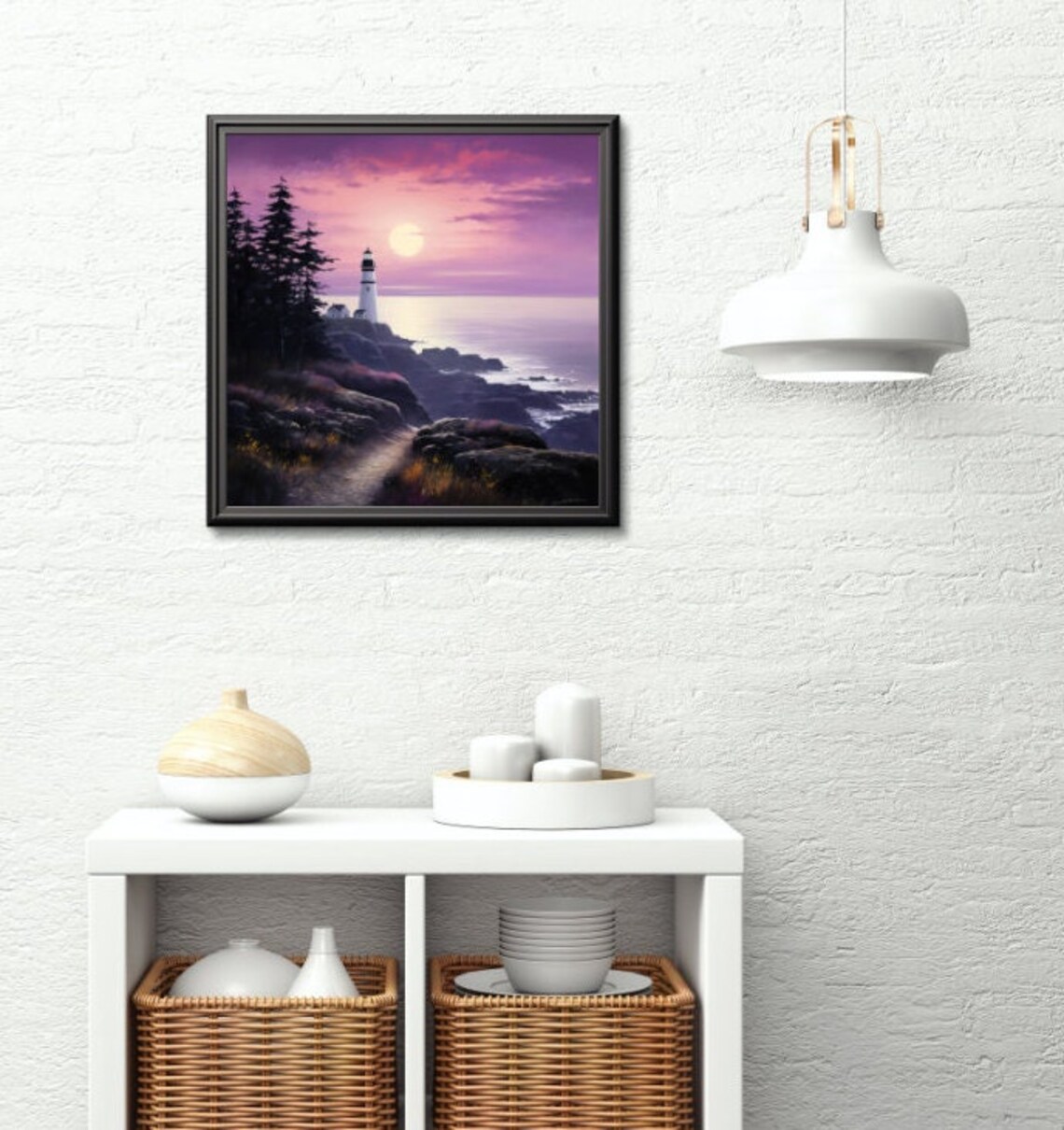 Coastal Lighthouse Sunset Rocky Shore Purple Dusk Seascape Art Poster - Image 2