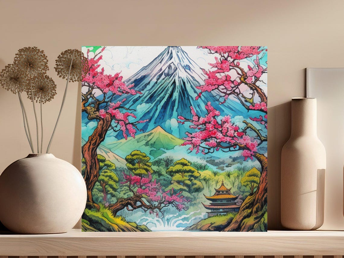 Mount Fuji With Cherry Blossoms Waterfall and Pagoda View Poster - Image 3