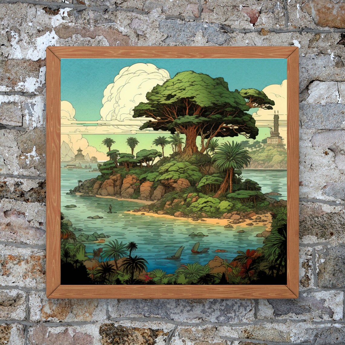 Illustrated Tropical Island Giant Tree Lighthouse Vintage Art Poster - Image 5