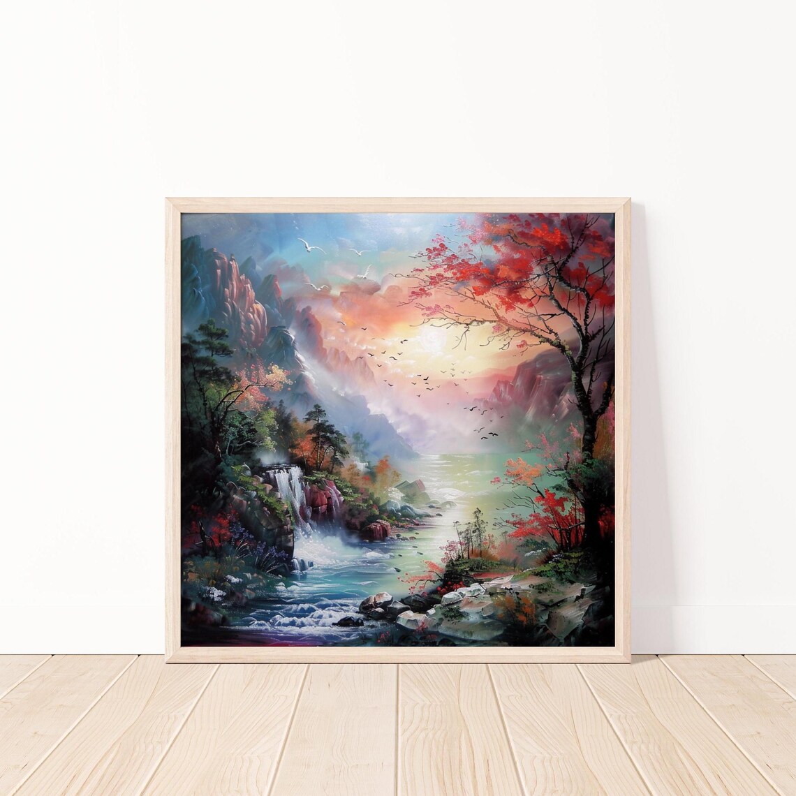 Vibrant Mountain Sunrise Waterfall Colorful Fantasy Landscape Poster