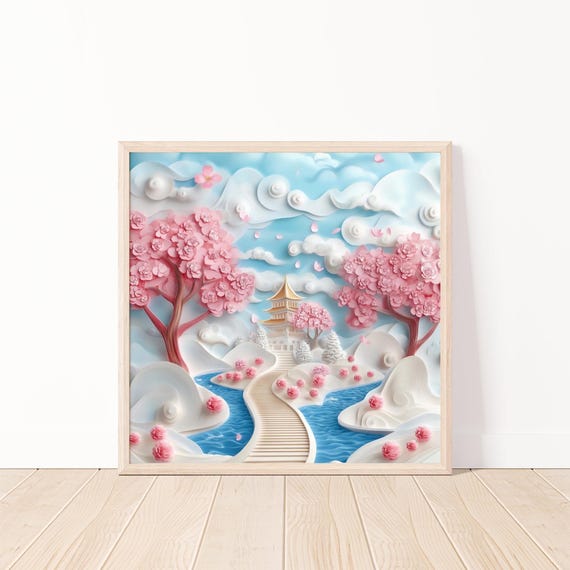 Cherry Blossom Wall Art Spring Scenery Japanese Garden Decor Pastel Abstract Asian Landscape Cheerful 20x20