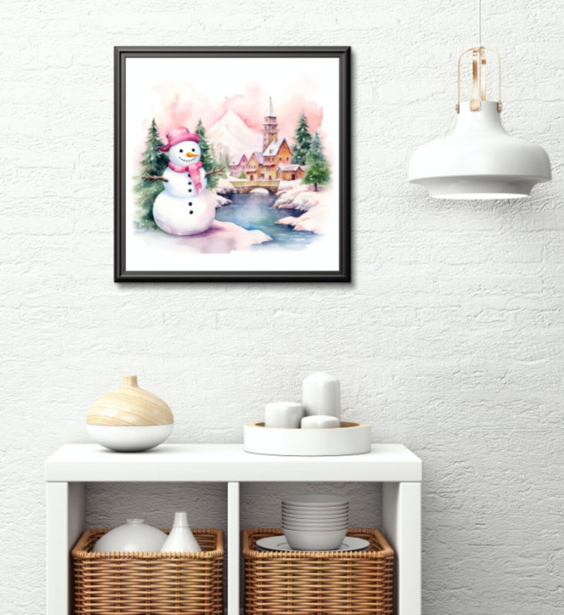 Cute Watercolor Pink Snowman in a Snowy Christmas Village Poster - Image 4