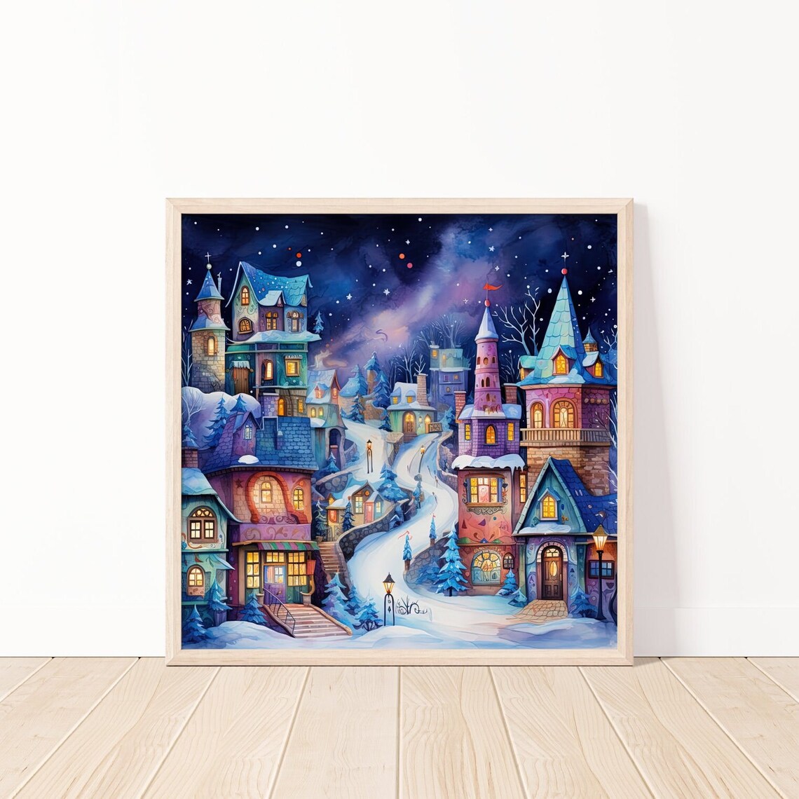 Abstract Christmas Town at Night Whimsical Watercolor Village Poster