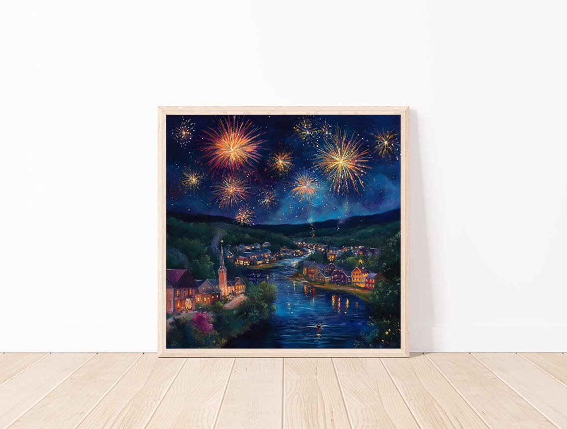 Fireworks Night Sky Celebration Over Riverside Town Painting Poster - Image 4