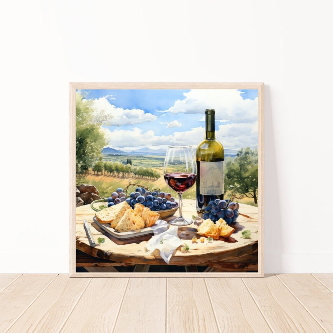 Red Wine Glass and Bottle With Cheese and Grapes Countryside Poster