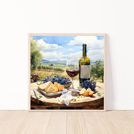 Red Wine Glass and Bottle With Cheese and Grapes Countryside Poster