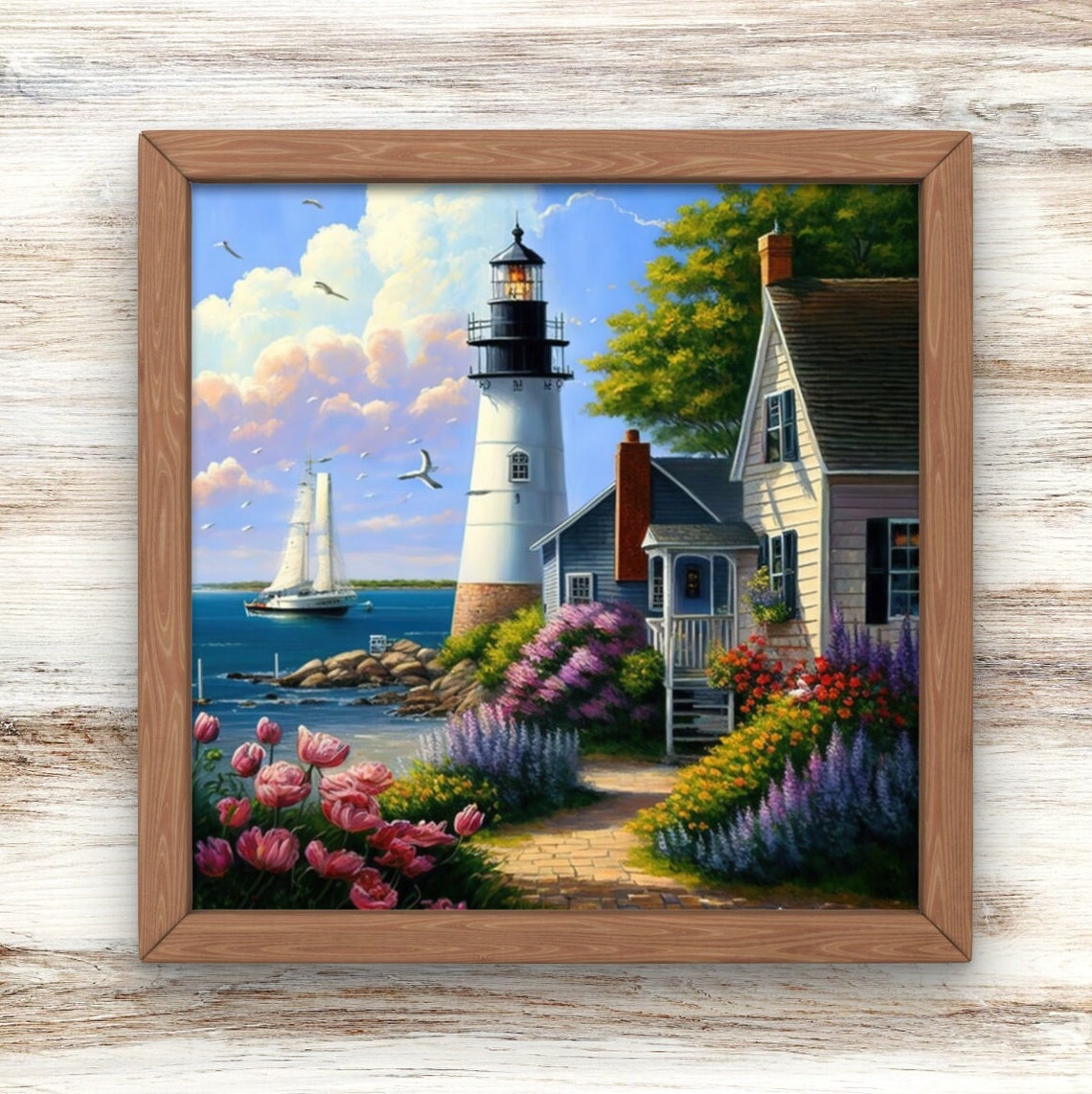 Coastal Lighthouse Cottage Spring Tulip Garden Sailboat Art Poster - Image 2