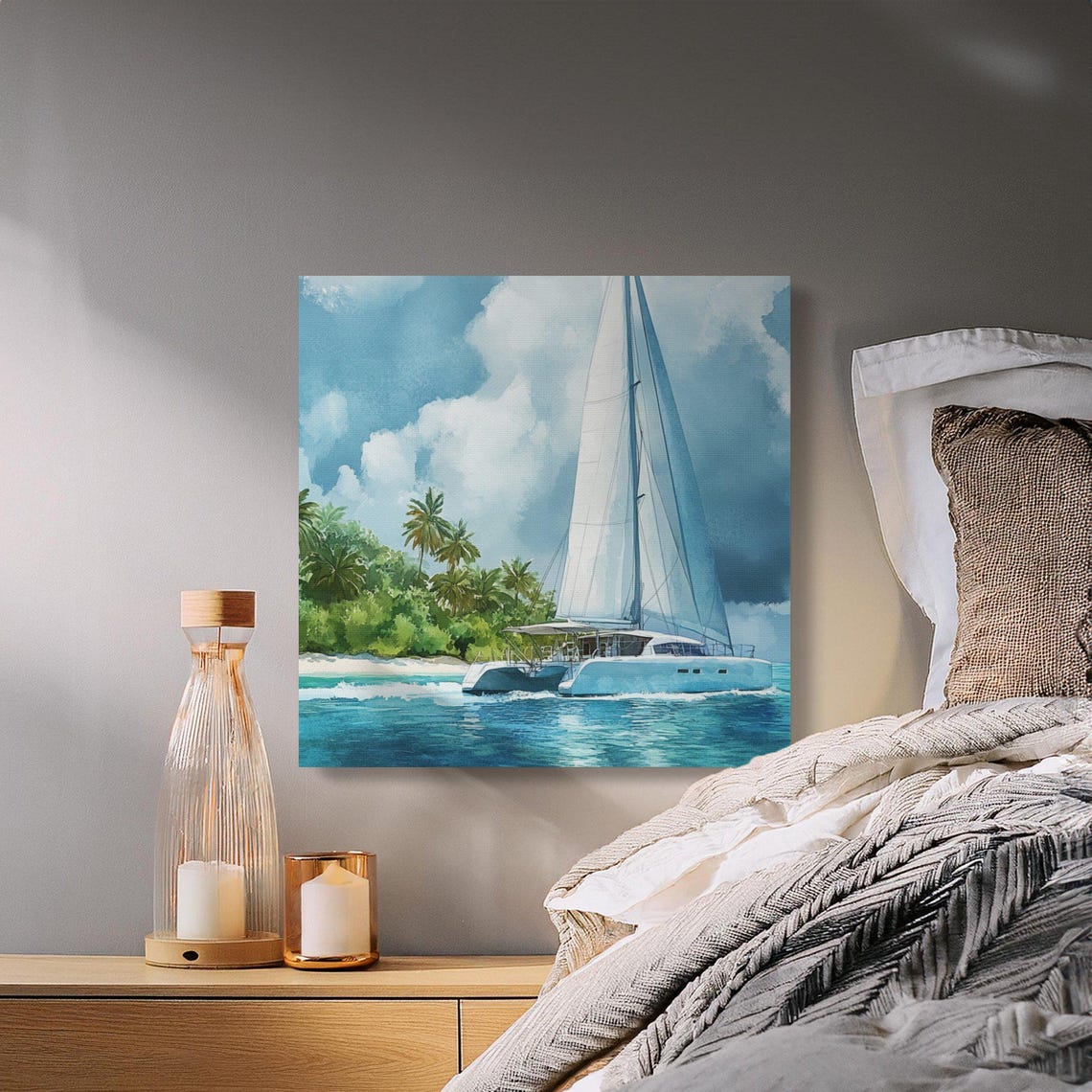 Sailboat Catamaran Cruising by a Tropical Island Watercolor Poster - Image 4