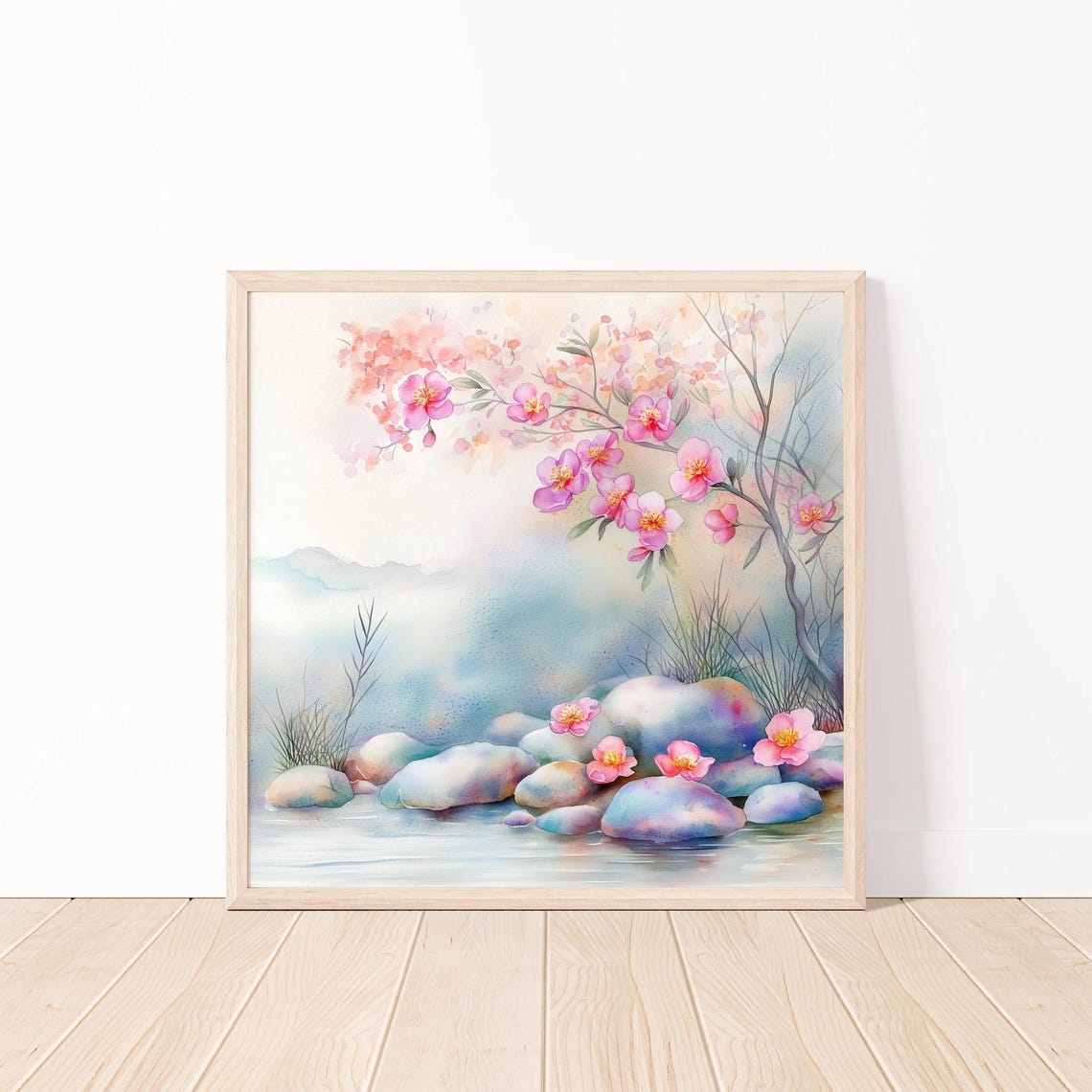 Cherry Blossom Watercolor River Stones Spring Floral Art Poster