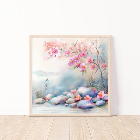 Cherry Blossom Watercolor River Stones Spring Floral Art Poster