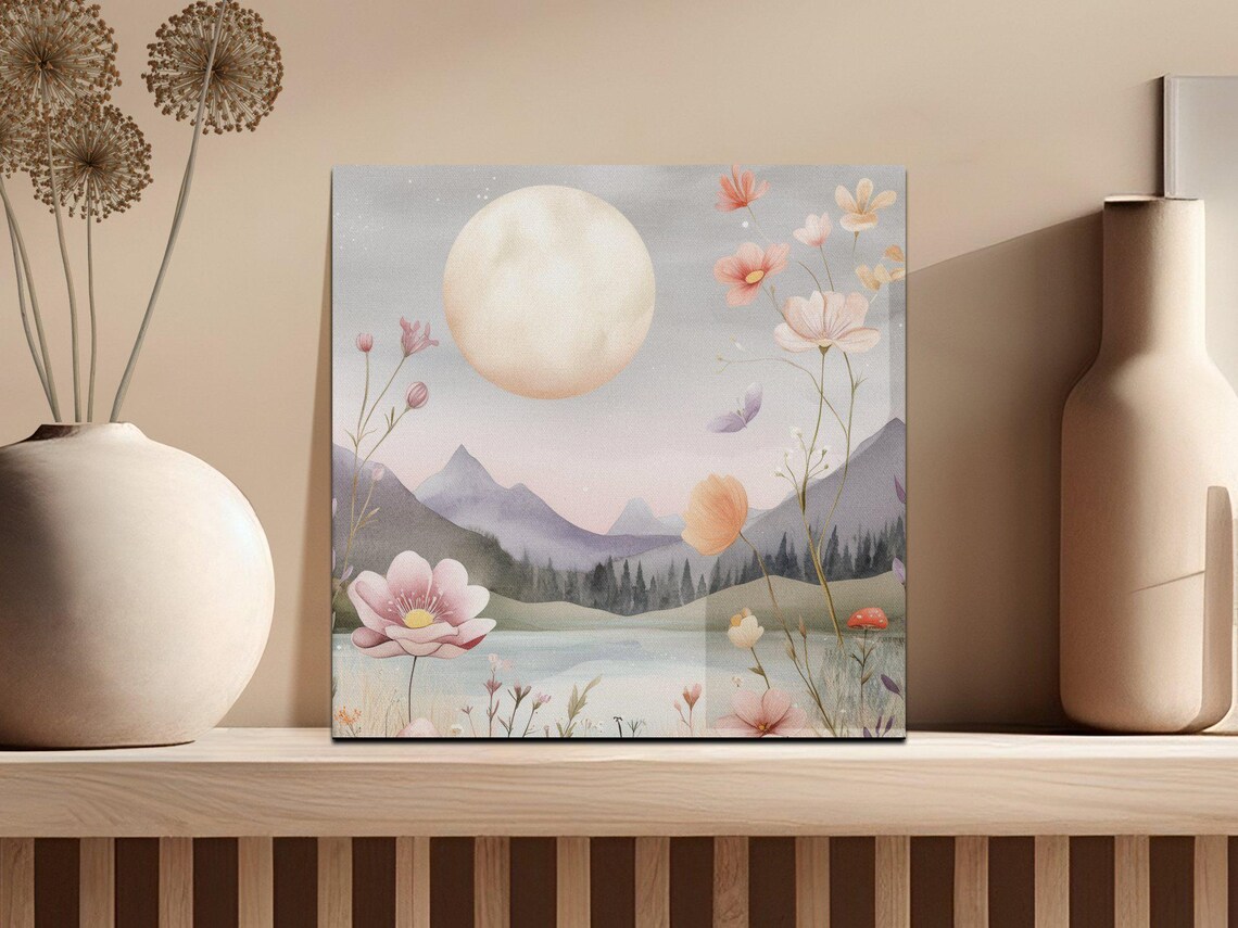 Full Moon Over a Lake With Pastel Wildflowers Watercolor Poster - Image 2
