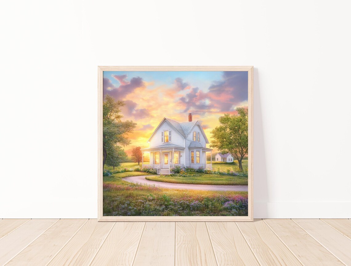 Country Farmhouse at Golden Sunset Cottage Meadow Art Poster