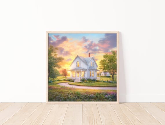 Vintage Watercolor Cottage Art Print Pastel Sunset Landscape Illustration Country House Wall Home Decor 20x20
