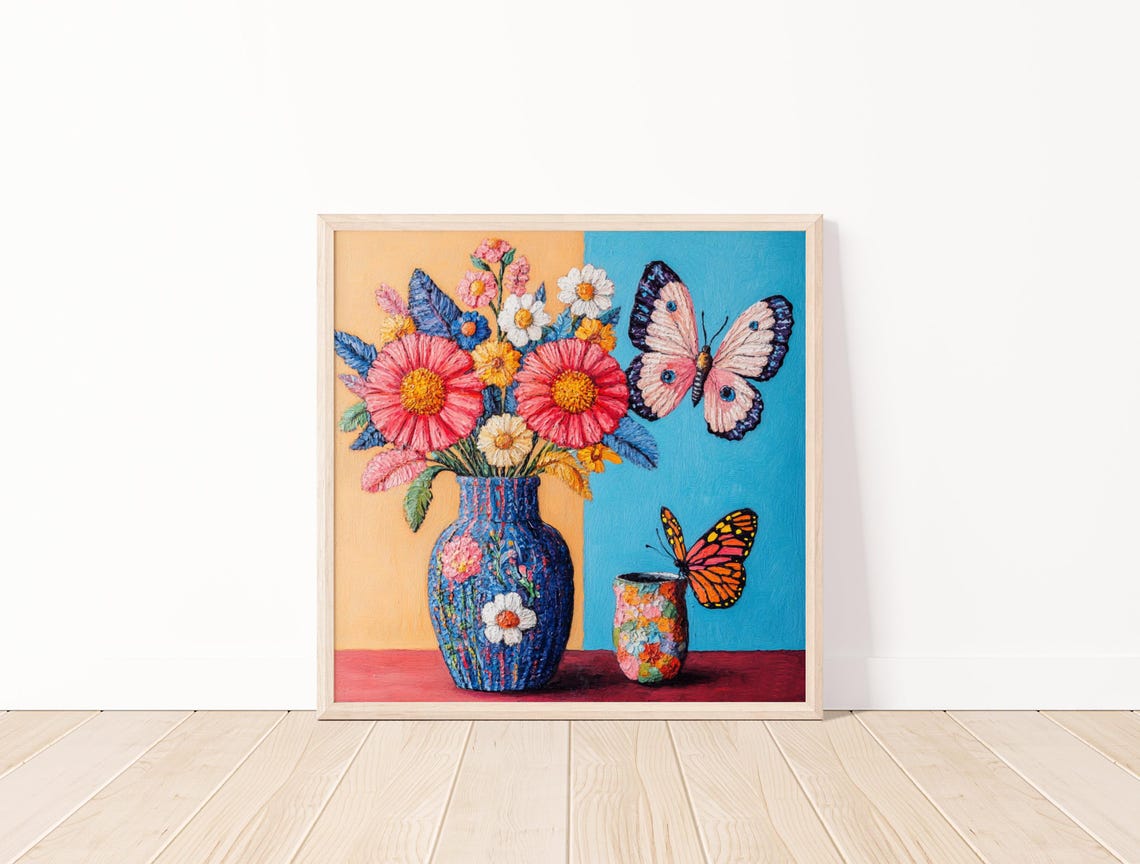 Colorful Floral Bouquet In Vase With Butterflies Painting Poster - Image 4