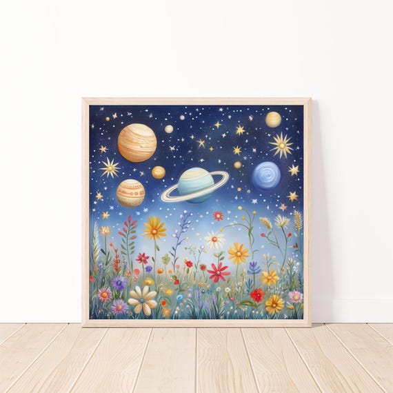 Whimsical Space Flowers Art Print Planets Stars Flower Field Celestial Garden Decor Outer Wall 20x20