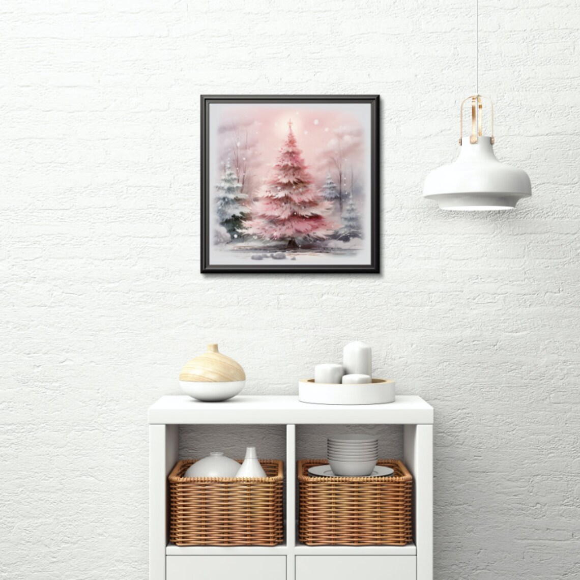 Pink Christmas Trees in a Dreamy Snowy Soft Winter Forest Poster - Image 2