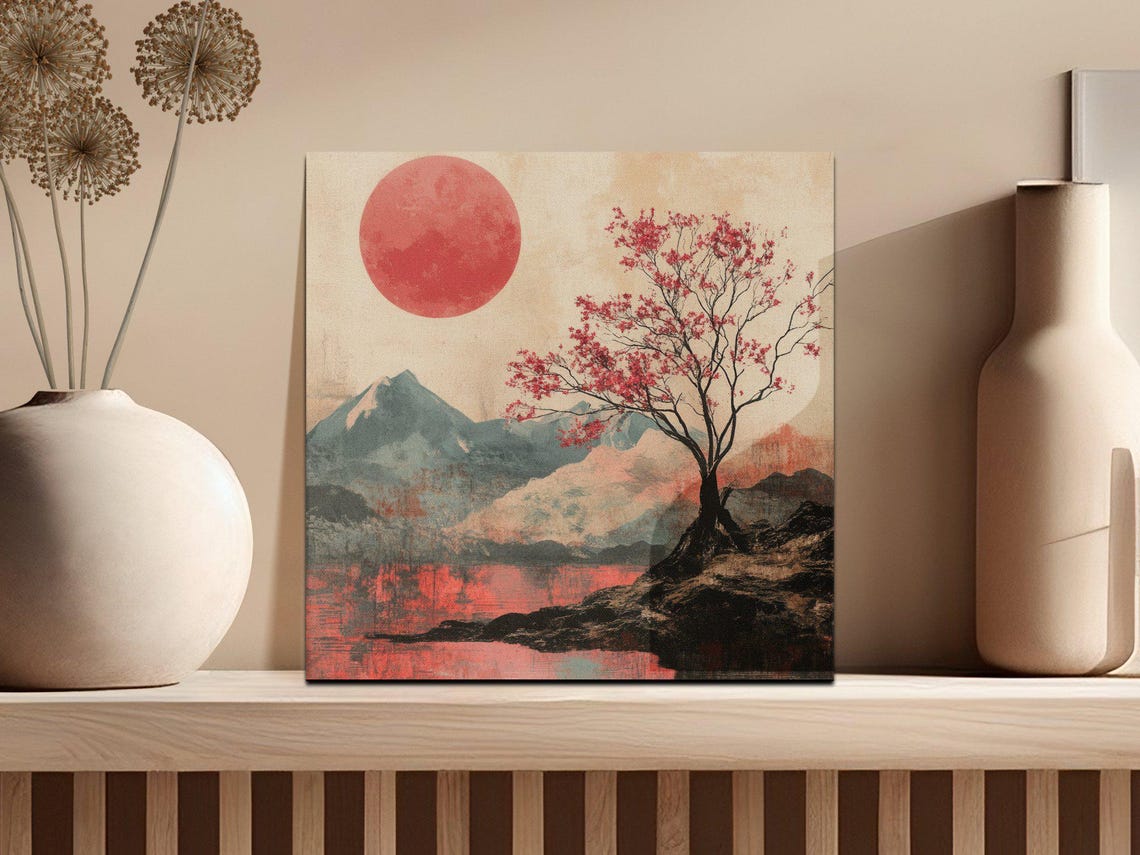 Japanese Red Sun Cherry Blossom Tree Minimalist Painting Poster - Image 2