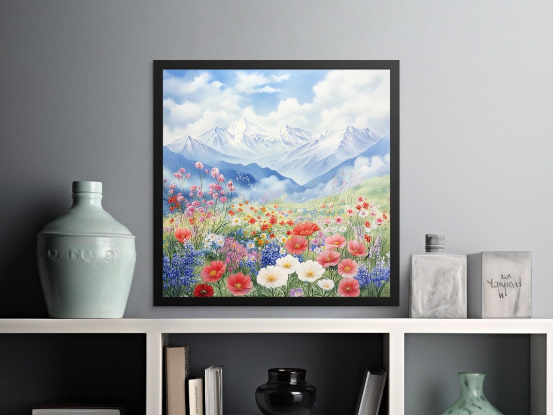 Alpine Wildflower Meadow Snow Capped Peaks Scenic Mountain Art Poster - Image 2