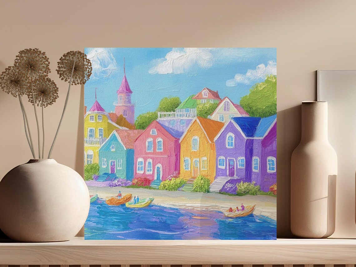 Colorful Coastal Village Rainbow Houses Harbor Boats Oil Painting Poster - Image 3