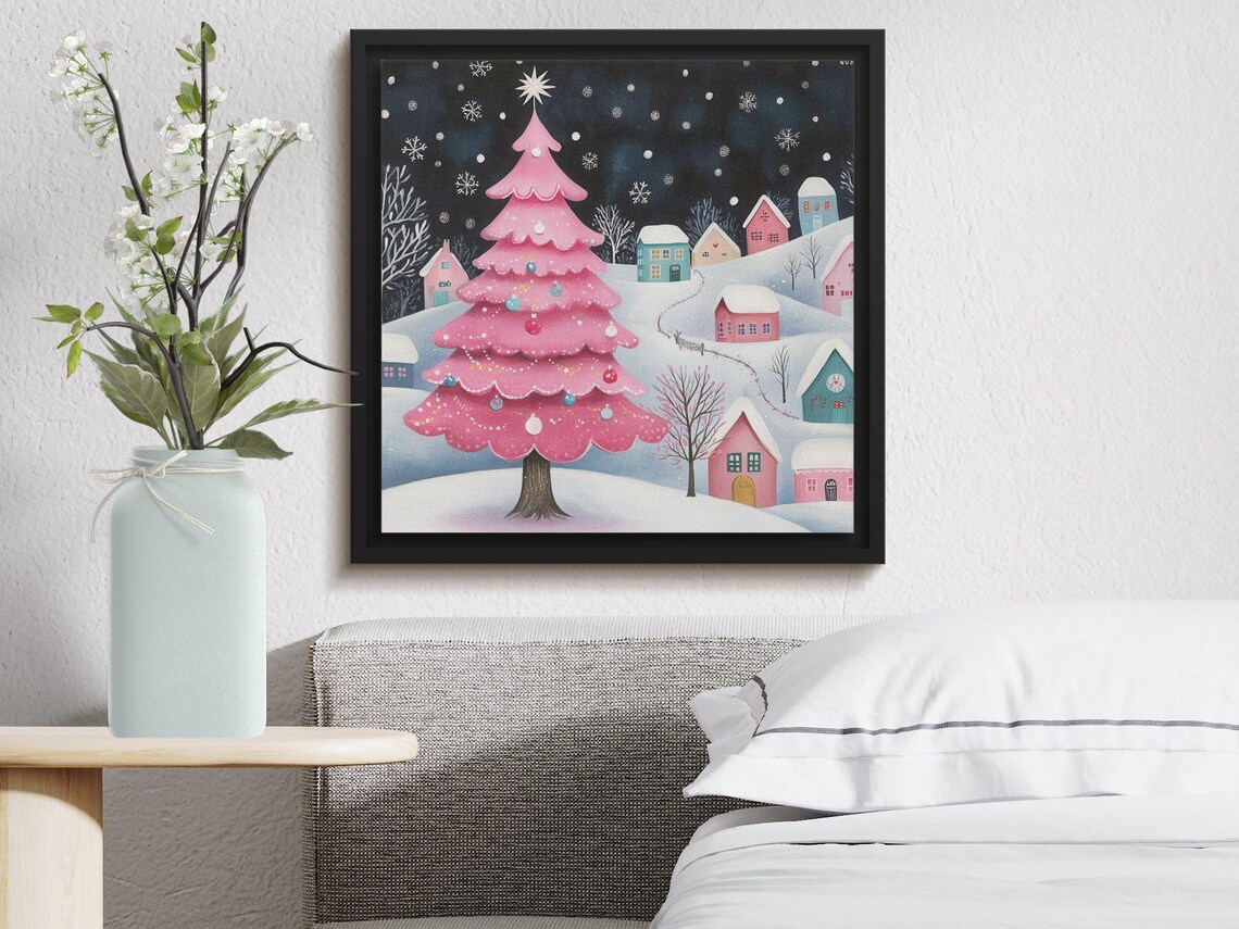 Pink Christmas Tree Snowy Village Festive Holiday Night Scene Poster - Image 4