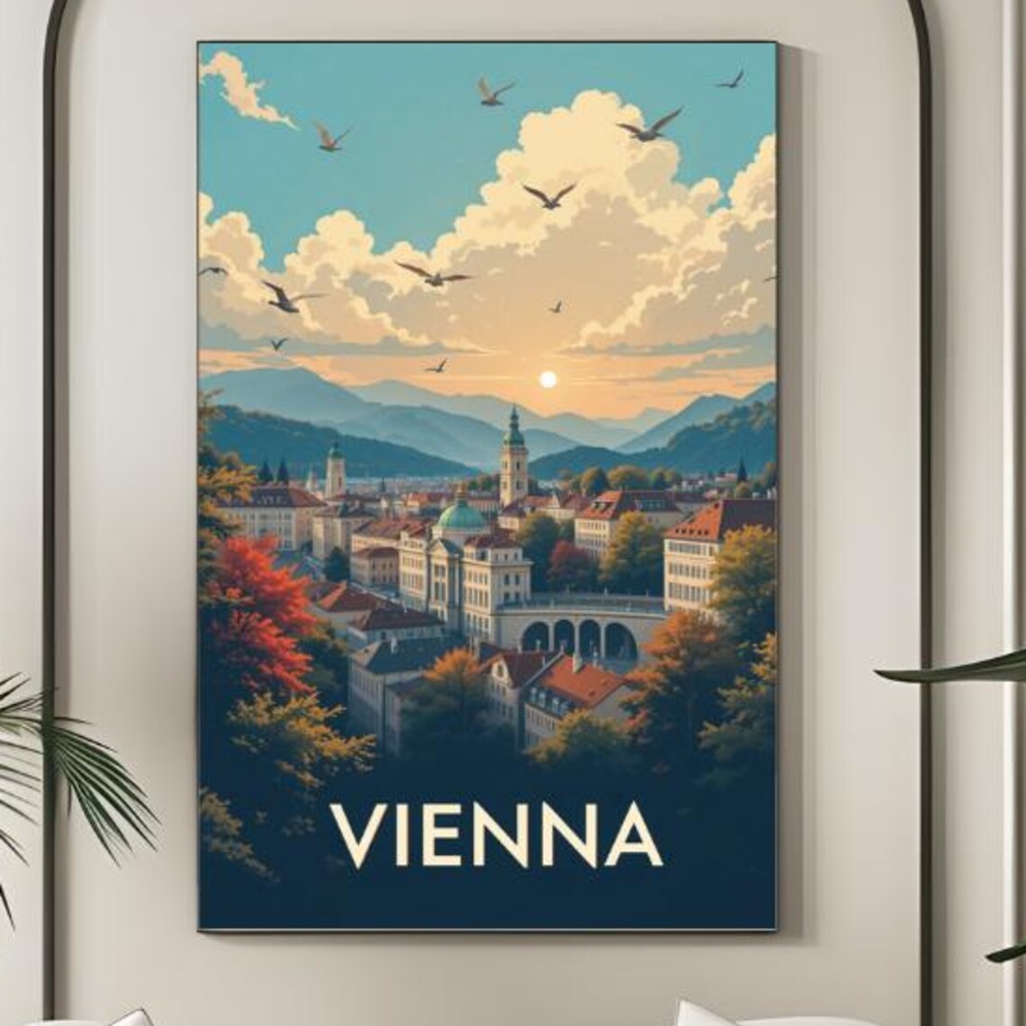 Vienna Sunset City Panorama With Soaring Birds Vintage Poster
