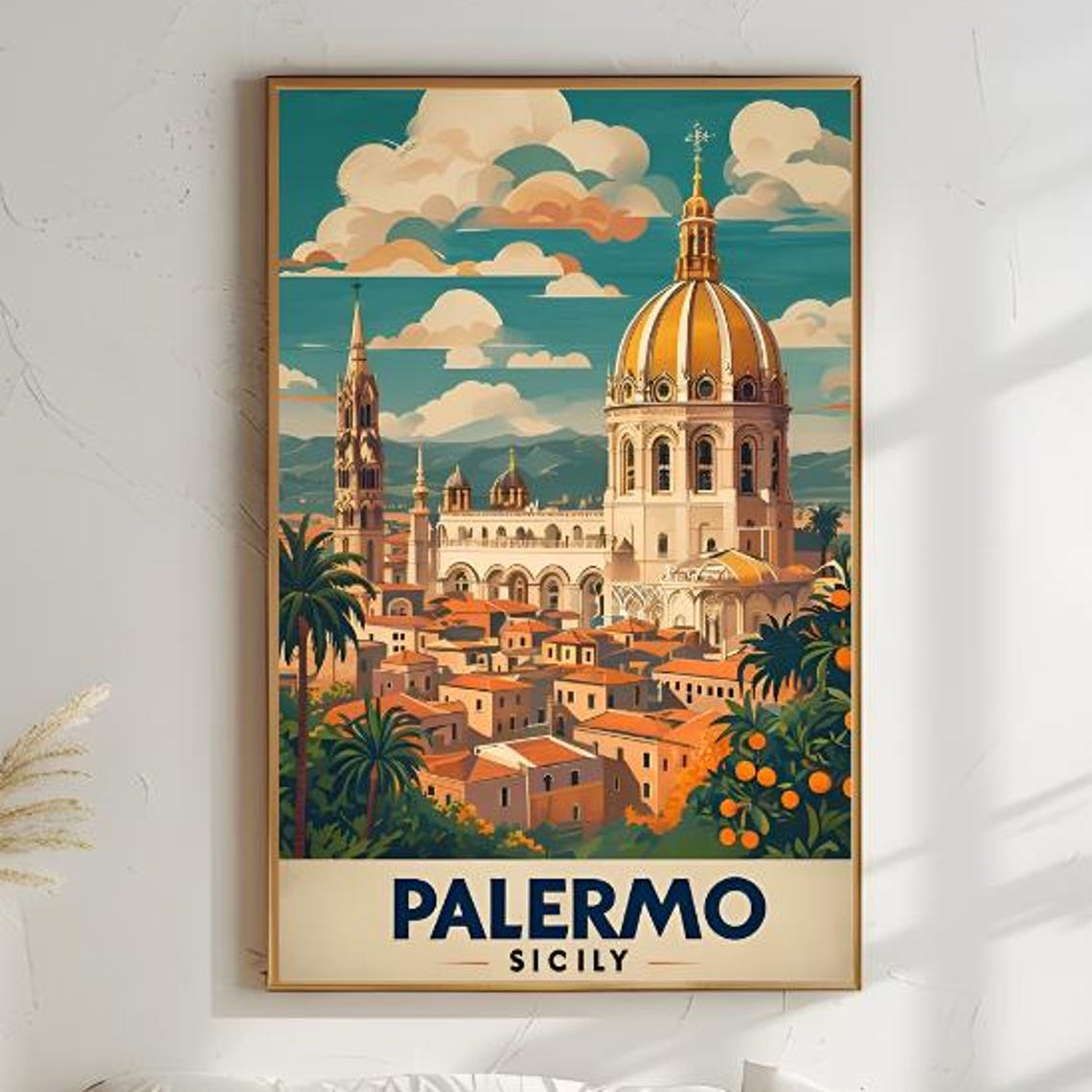 Palermo Sicily Cathedral Dome With Palm Trees Orange Groves Poster