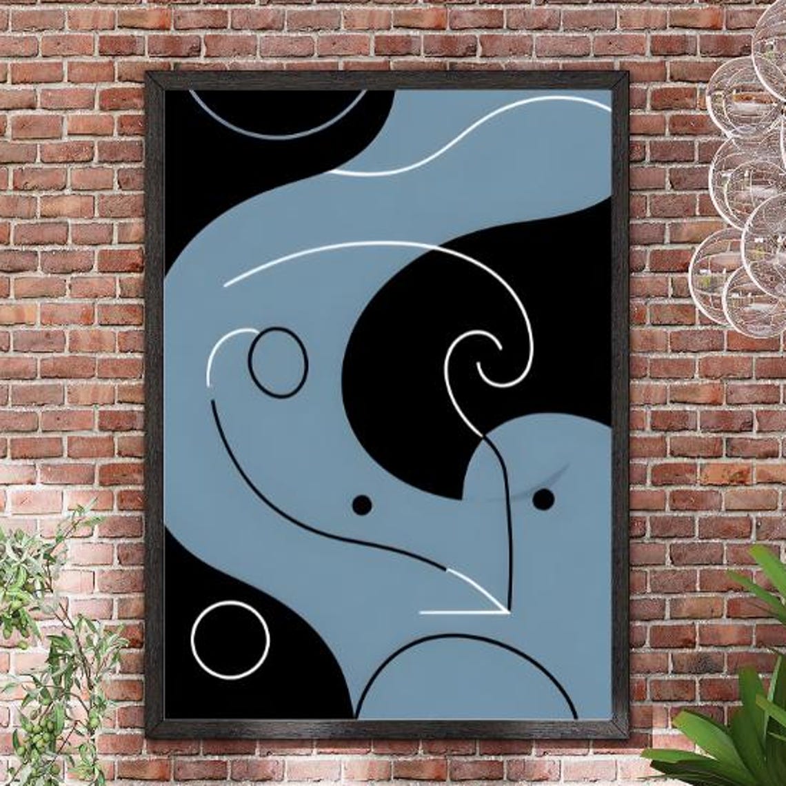 Mid Century Abstract Blue Black Curves Circles Line Art Poster