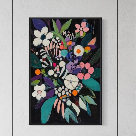 Vibrant Abstract Floral Bold Botanical Wall Art Colorful Modern Flower Print Eclectic Art Piece For Living Room Or Bedroom