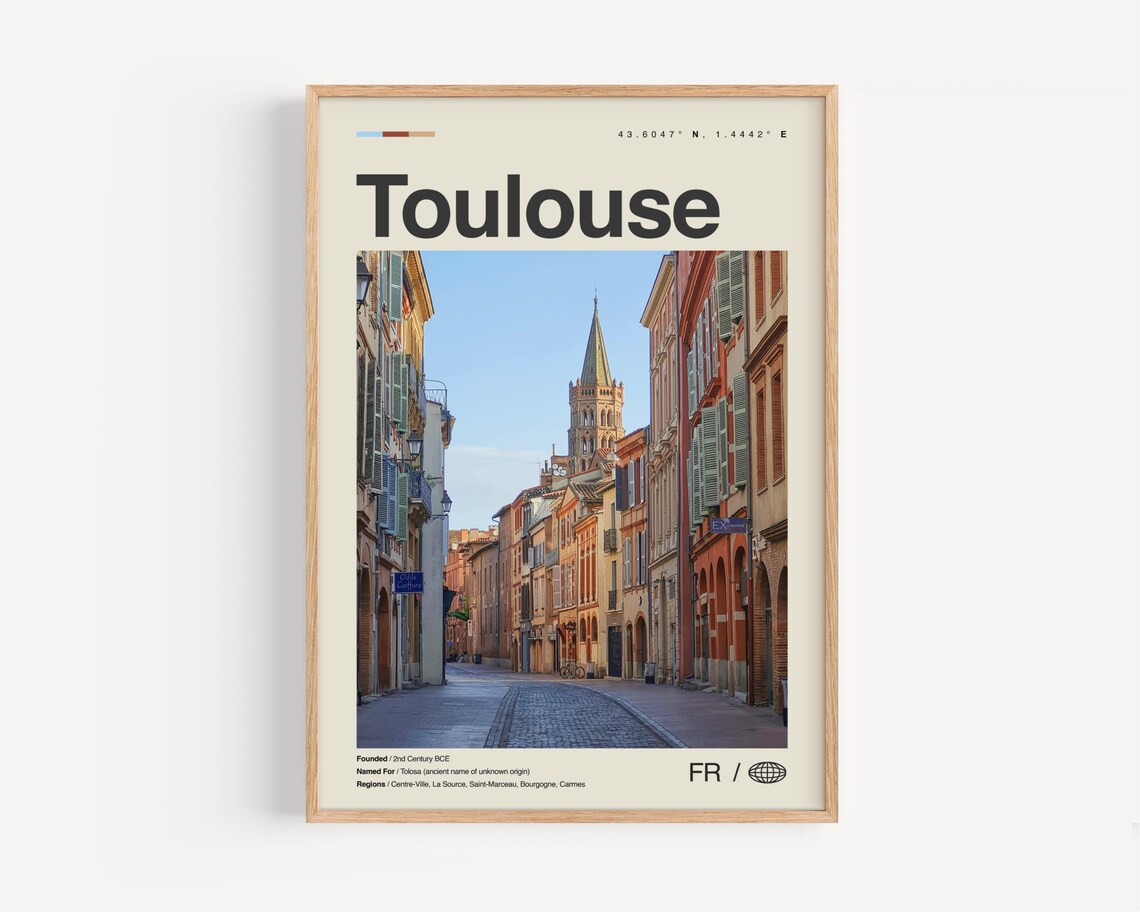 Toulouse France Coordinates Minimalist Street Map Style Travel Poster