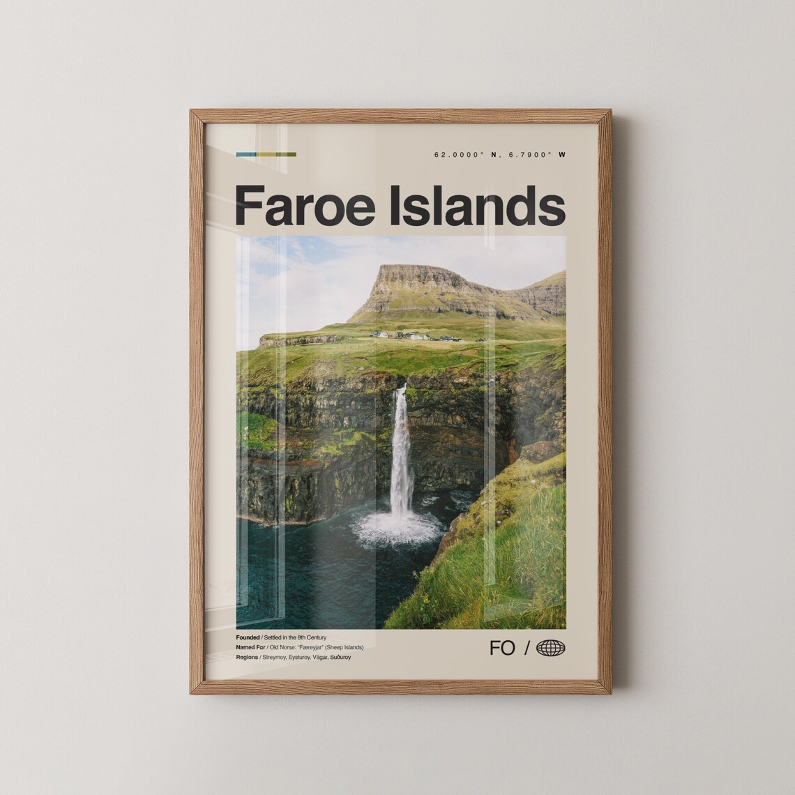 Faroe Islands Sea Cliff Waterfall Nordic Scenic Travel Art Poster