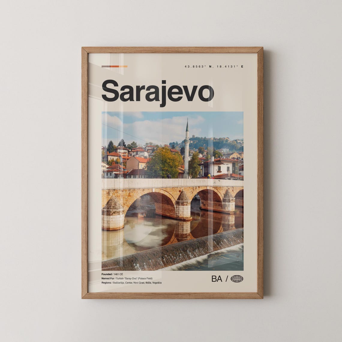 Sarajevo Stone Bridge River Old Town Vintage Photo Travel Poster
