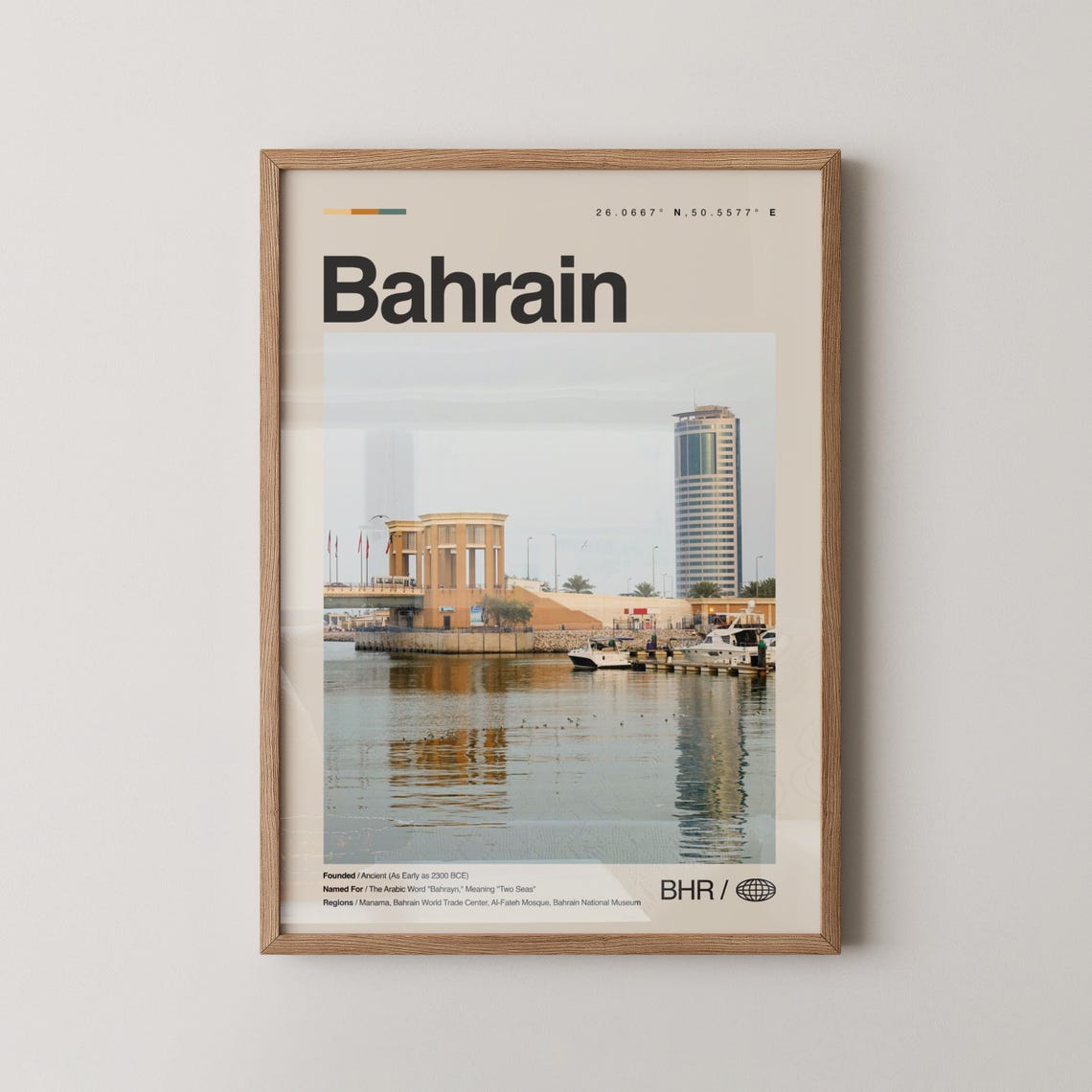 Bahrain Travel Poster Waterfront Towers and Harbor Boats Photo