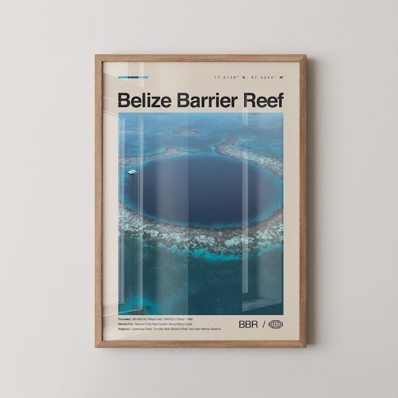 Belize Barrier Reef Blue Hole Aerial Coordinates Travel Wall Poster