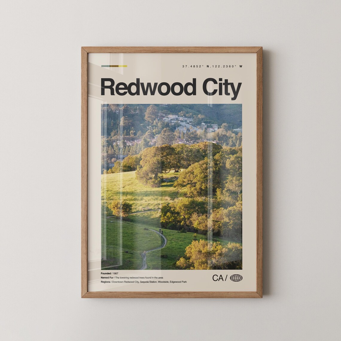Redwood City California Rolling Hills Trail Minimalist Travel Poster