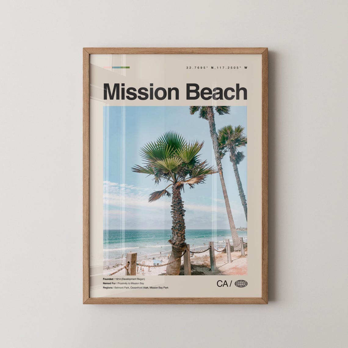 Mission Beach San Diego Palm Trees Over Ocean Beachfront Travel Poster