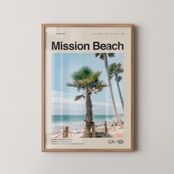Mission Beach San Diego Palm Trees Over Ocean Beachfront Travel Poster