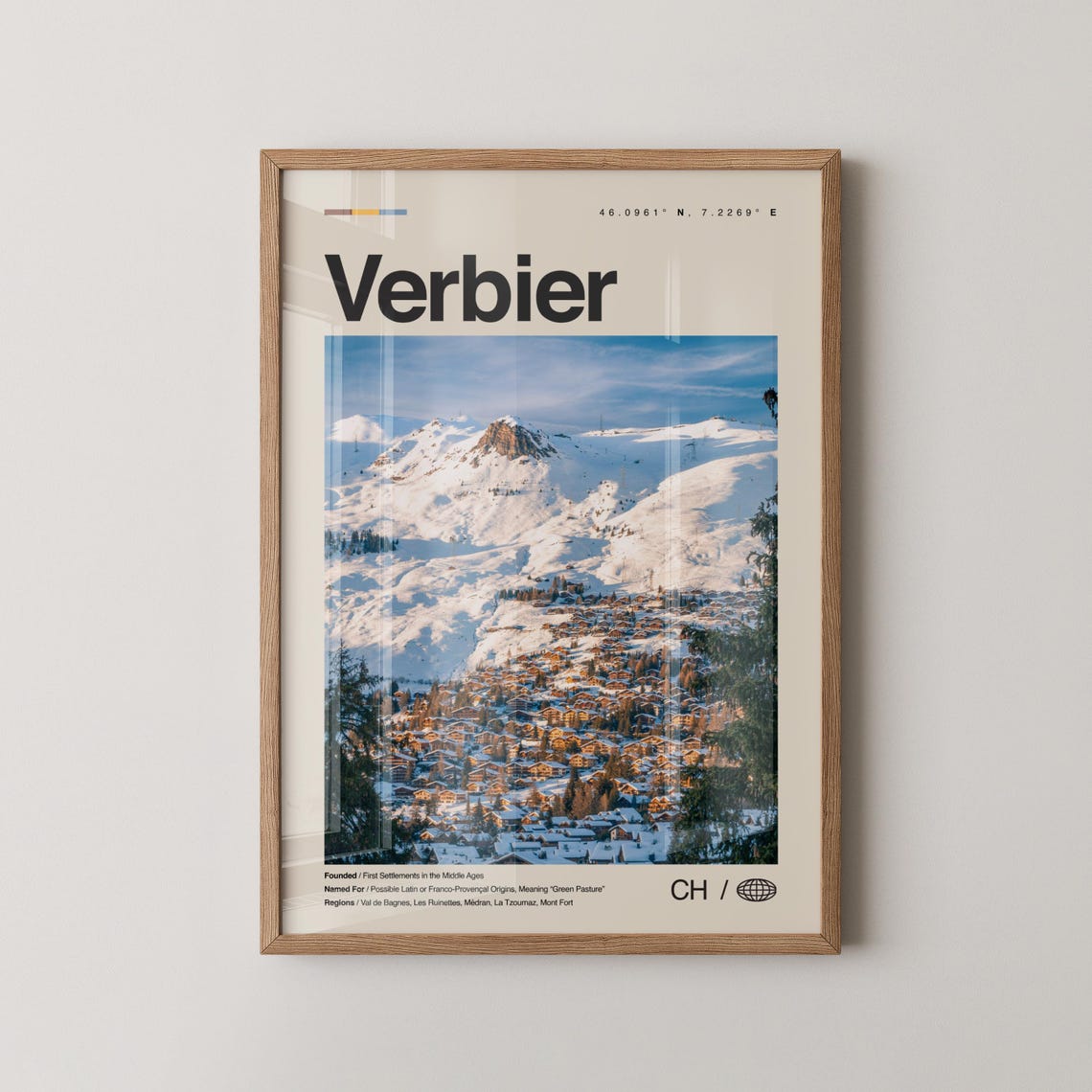 Verbier Switzerland Snowy Ski Resort Minimal Photo Travel Poster