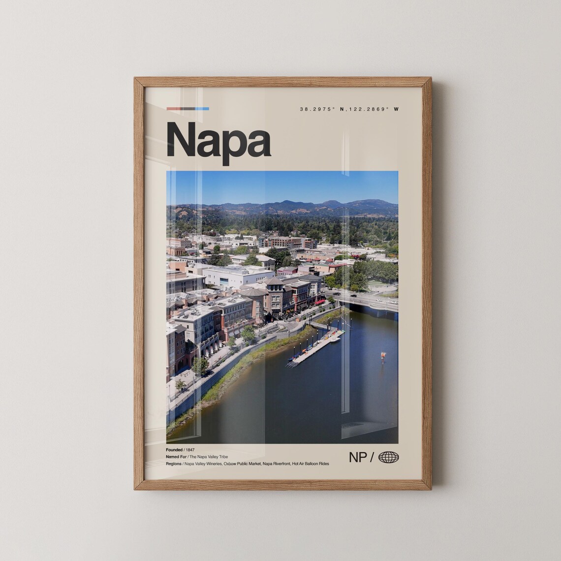 Napa California Wine Country Riverfront Town Aerial View Travel Poster