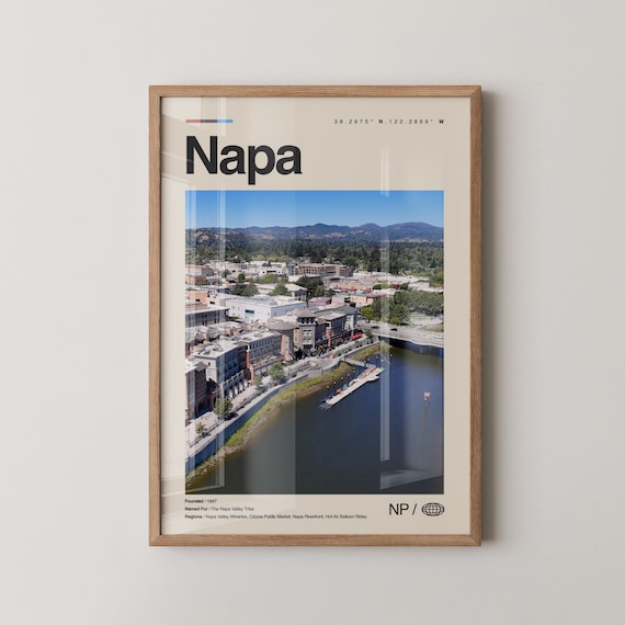 Napa California Wine Country Riverfront Town Aerial View Travel Poster