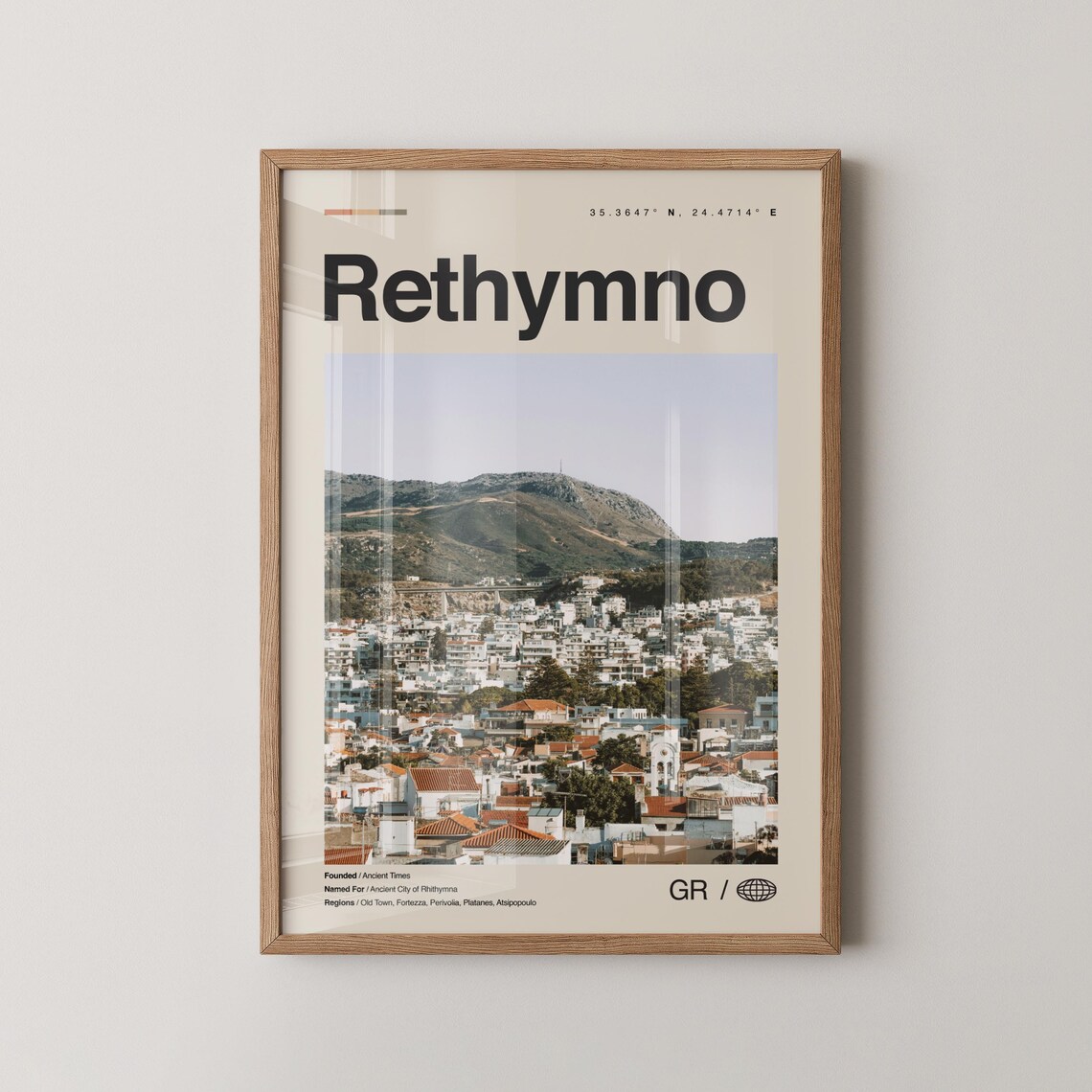 Rethymno Crete Greece City Photo Travel Map Coordinates Poster