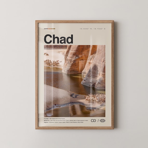 Chad Desert Canyon Photo Travel Poster With Camels And River