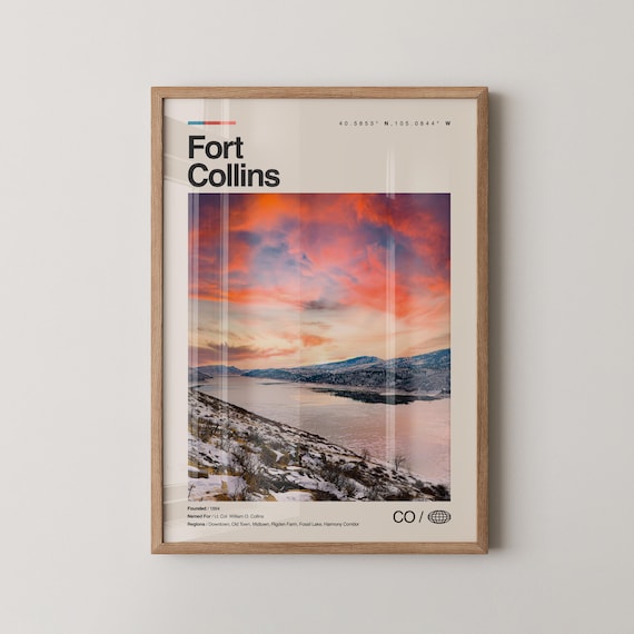 Fort Collins Print Real Photo Travel Art Poster Mid Century Minimal Wall Map Colorado