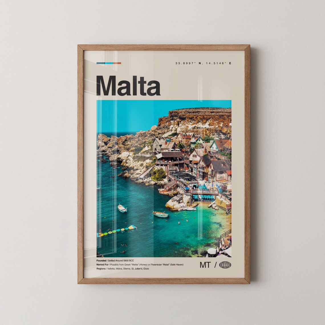 Malta Coastal Village Photo Travel Poster With Printed Coordinates