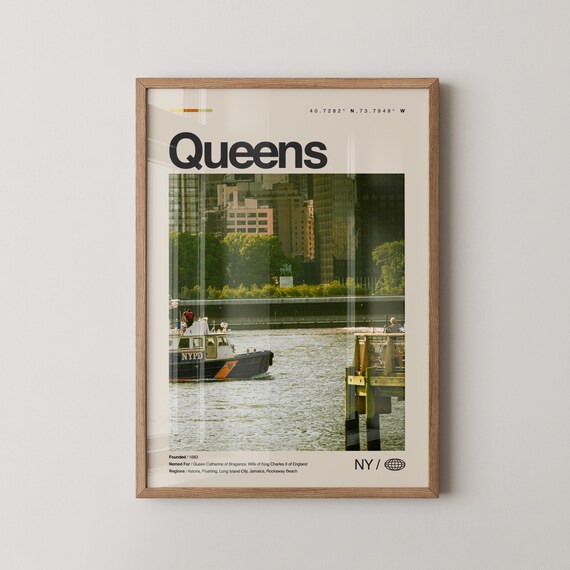 Queens New York Waterfront Harbor Skyline Vintage Travel Poster