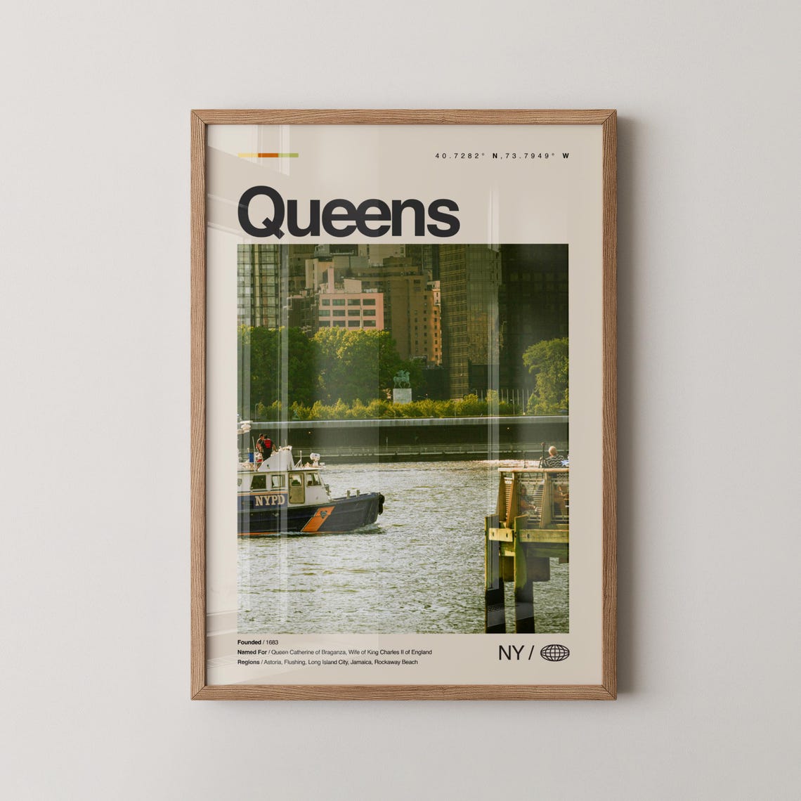 Queens New York Waterfront Harbor Skyline Vintage Travel Poster
