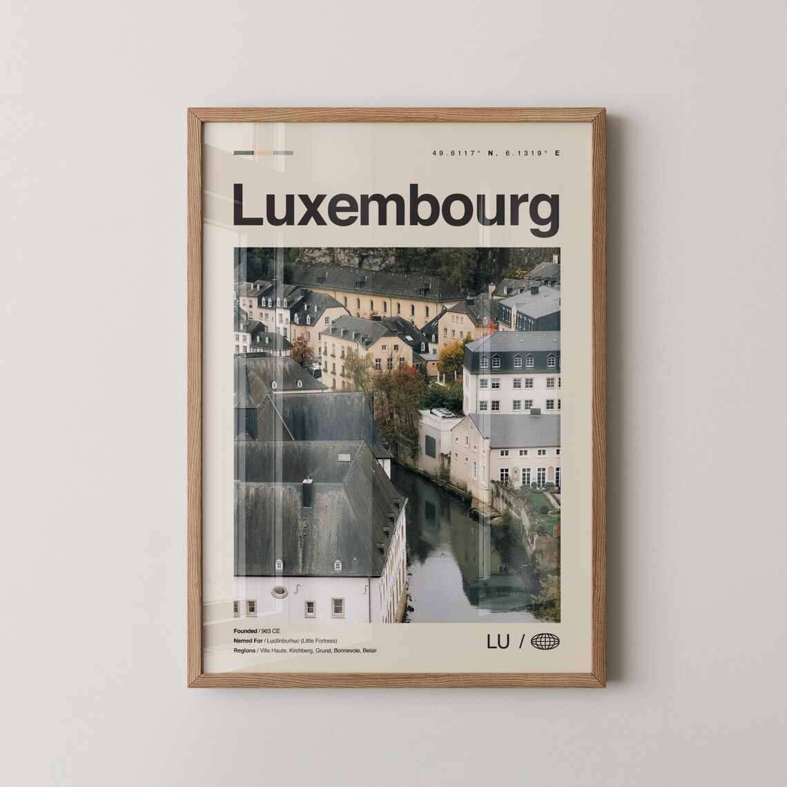 Luxembourg Old Town City Photo Travel Map Coordinates Poster