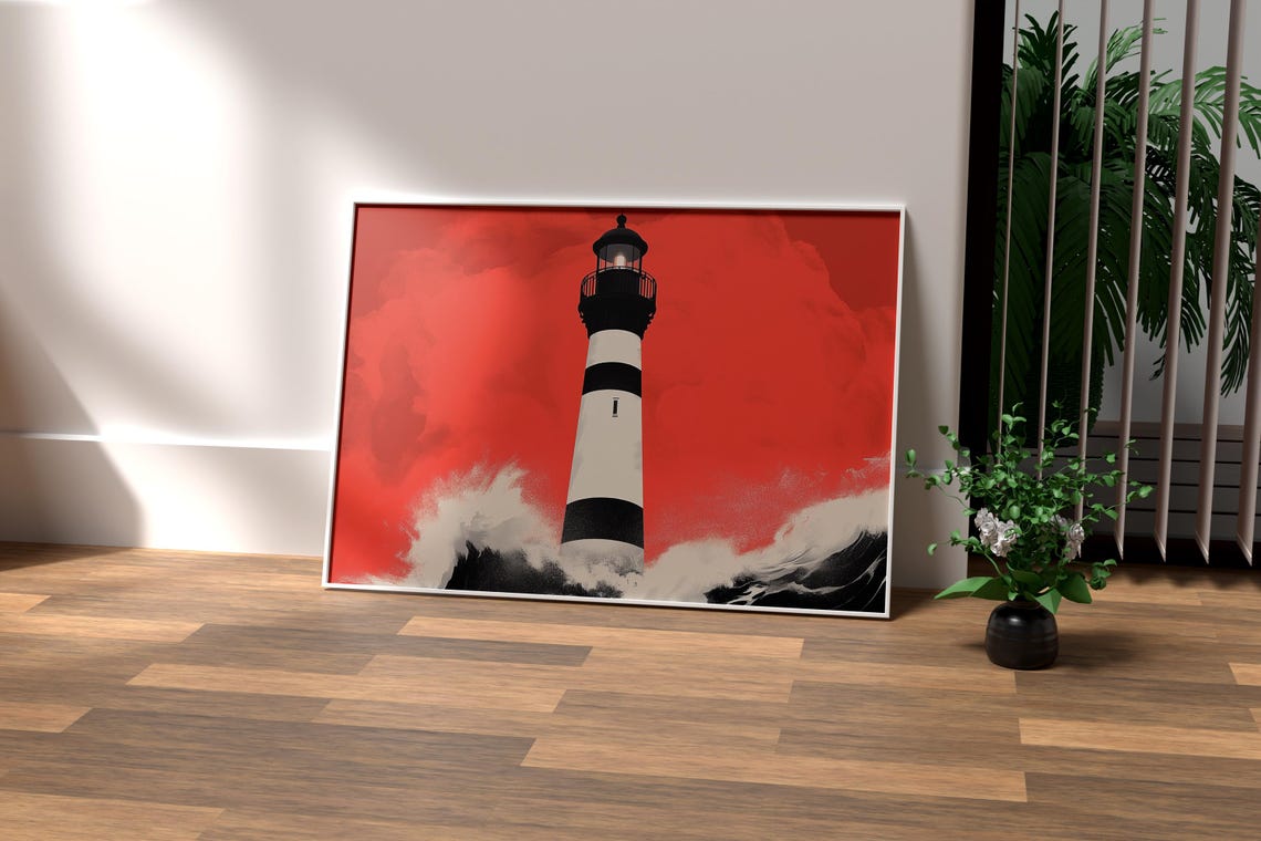 Dramatic Lighthouse Art Print Bold Red And Black Seascape Illustration Coastal Wall Decor - Image 3