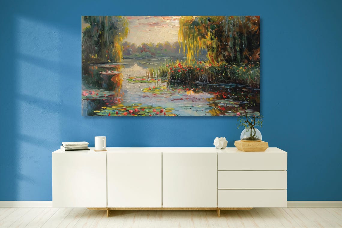 Water Lily Pond With Weeping Willows Impressionist Art Poster - Image 2