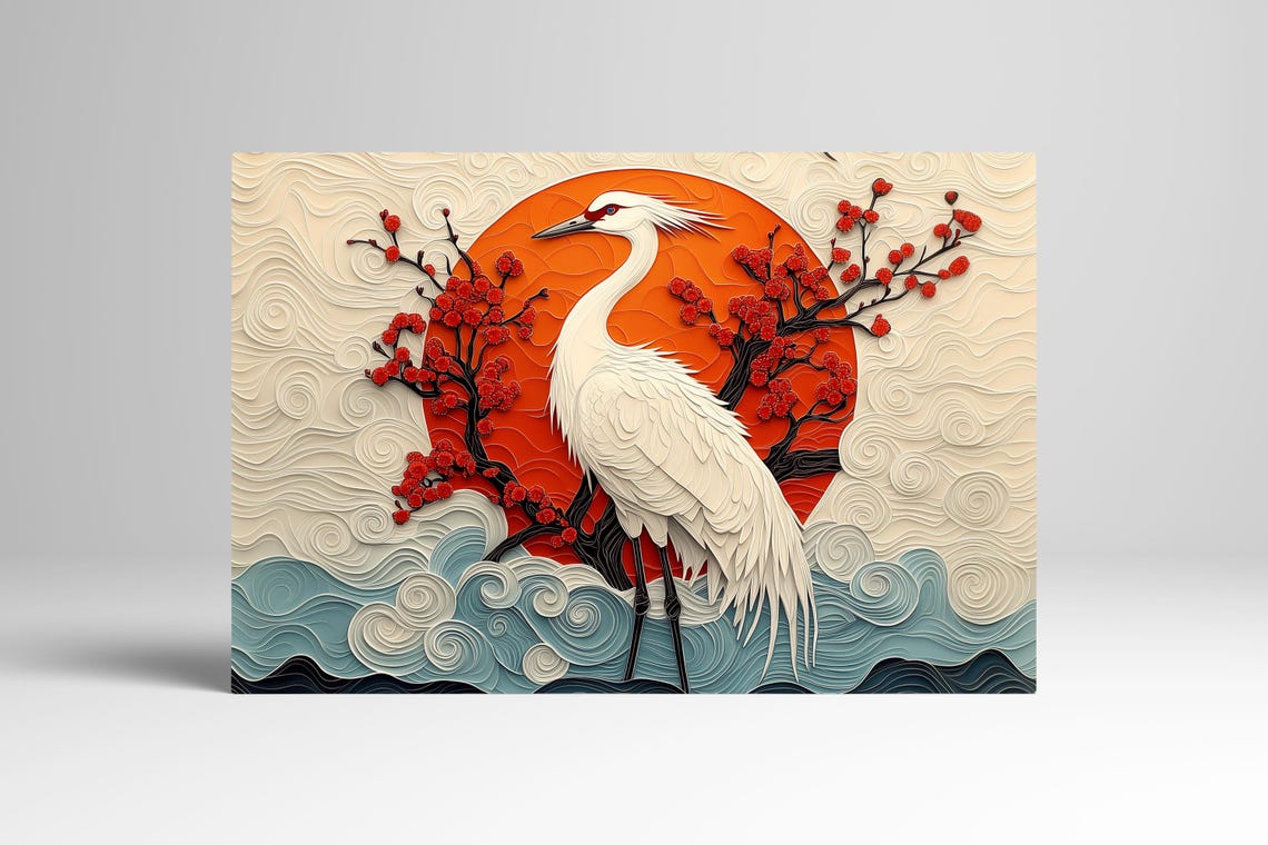 Japanese Paper Cut Crane With Red Sun and Cherry Blossoms Poster - Image 3